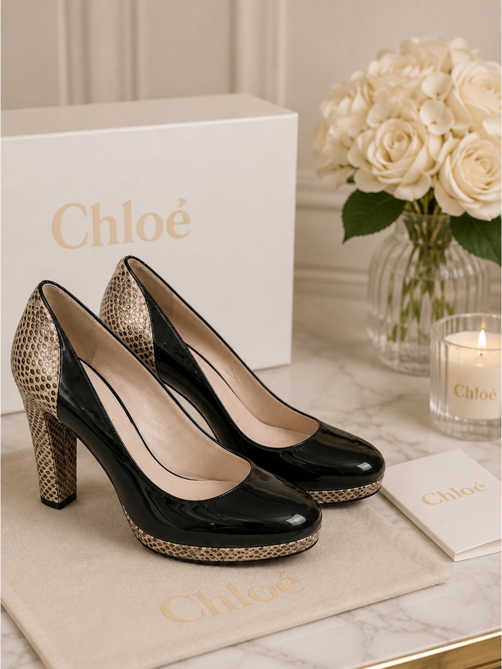 Chloe Black Patent Leather Snakeskin Embossed Block Heel Pumps Size 39 US‎ 9